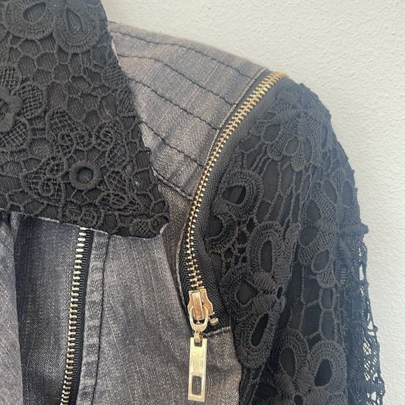 Paris Hues Black Denim & Lace Moto Jacket Cropped Size Small - Picture 8 of 15